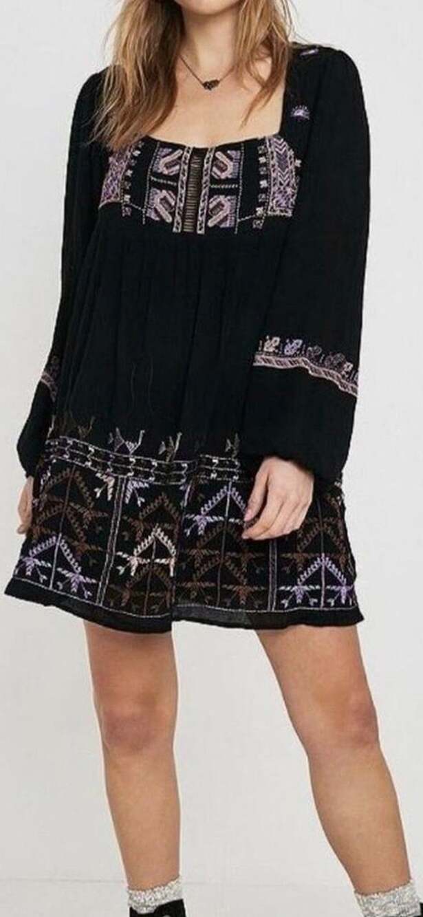Free People Rhiannon Embroidered Mini Dress Black XS Boho